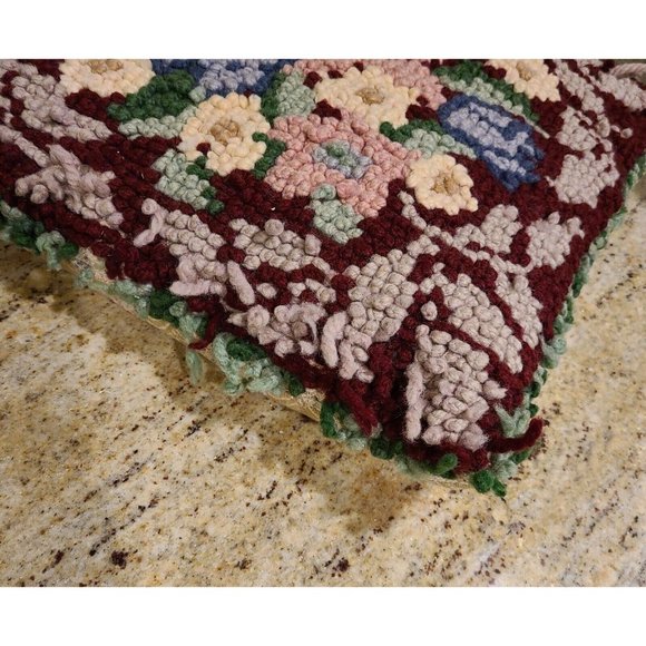 Vintage Wool Hook Handmade Floral Victorian Pillow 17x15" Red Pink Blue Green - Picture 6 of 12